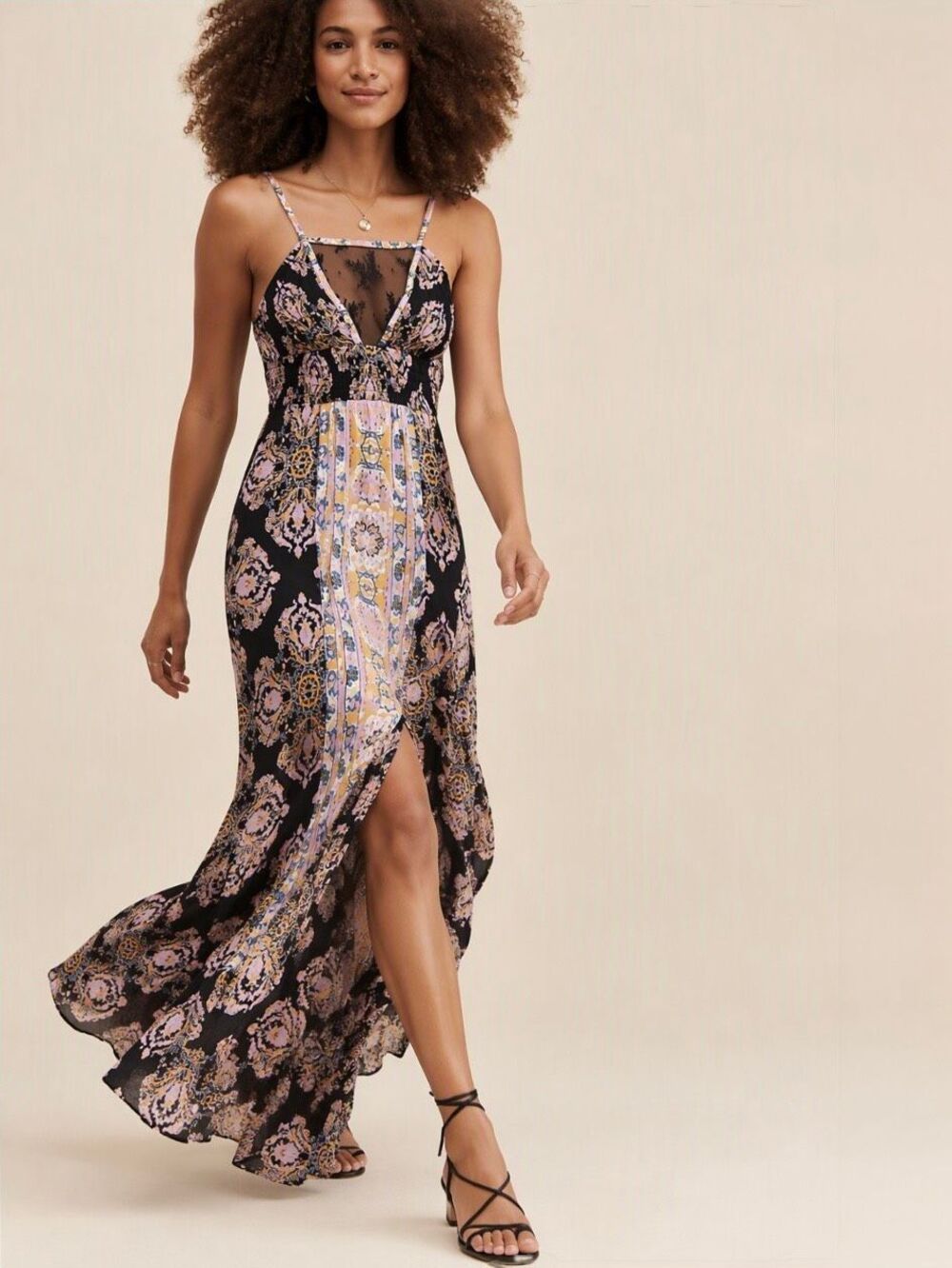 NEW Intimately by Free People Womens Small That Moment Black Pink Slip Lace Maxi